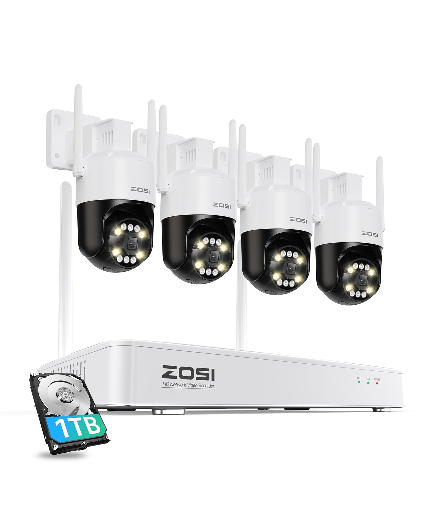 ZOSI 4K WiFi 6 Kamera Set – 4× 360° WLAN Kameras, 8MP NVR mit 1TB, Personen-/Fahrzeugerkennung, Farb-Nachtsicht, für Außen (C296B)
