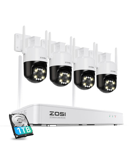 ZOSI 4K WiFi 6 Kamera Set – 4× 360° WLAN Kameras, 8MP NVR mit 1TB, Personen-/Fahrzeugerkennung, Farb-Nachtsicht, für Außen (C296B)