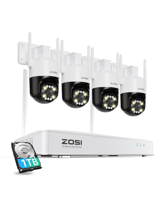 ZOSI 4K WiFi 6 Kamera Set – 4× 360° WLAN Kameras, 8MP NVR mit 1TB, Personen-/Fahrzeugerkennung, Farb-Nachtsicht, für Außen (C296B)