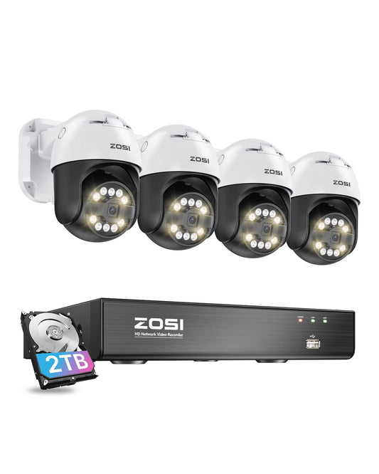 ZOSI 5MP PoE Kamera Set – 4× PTZ Dome (355°/140°), 8CH 4K NVR mit 2TB, 2-Wege-Audio, Licht- & Tonalarm, für Außenbereich
