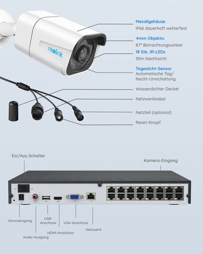 Reolink 4K Kamera Set – 8× 8MP PoE, 16CH NVR mit 4TB, Personen-/Fahrzeugerkennung, 30 m IR-Nachtsicht, IP66, für außen & innen (RLK16-800B8)