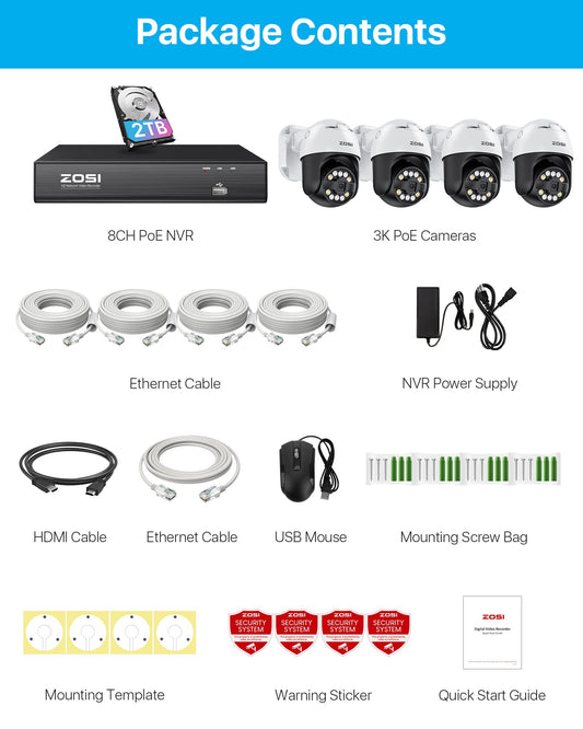 ZOSI 5MP PoE Kamera Set – 4× PTZ Dome (355°/140°), 8CH 4K NVR mit 2TB, 2-Wege-Audio, Licht- & Tonalarm, für Außenbereich