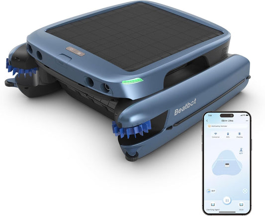 Beatbot iSkim Ultra Solar Powered Robot Pool Skimmer, Pool Cleaning Robot for Surface, Dual Charging Options, Water Clarification, Edge and Corner Cleaning, App Control, Ice Blue