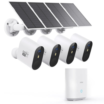 AOSU 3K Solar Überwachungskamera Set – 4× 5MP WLAN-Kameras, ohne Abo, 32GB Homebase, Farbnachtsicht, Auto-Tracking, für Außenbereich