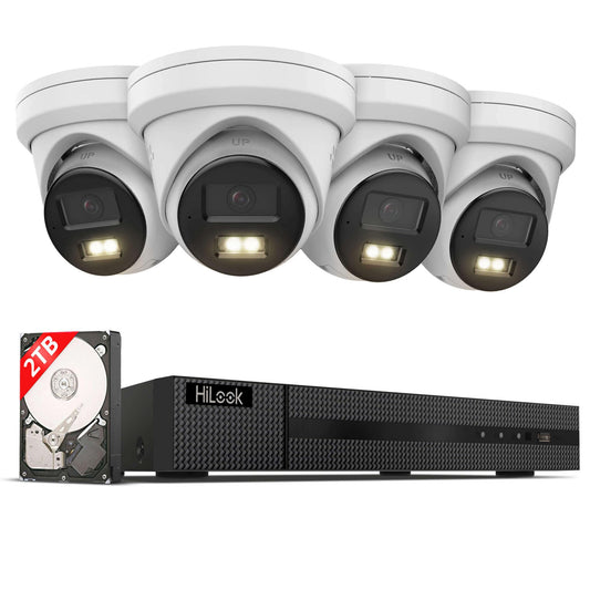 HiLook PoE Kamera Set – 4× 6MP Dome, Farb-/IR-Nachtsicht, KI-Erkennung, SD-Slot, 8CH 4K NVR mit 2TB, App-Steuerung, für Außenbereich