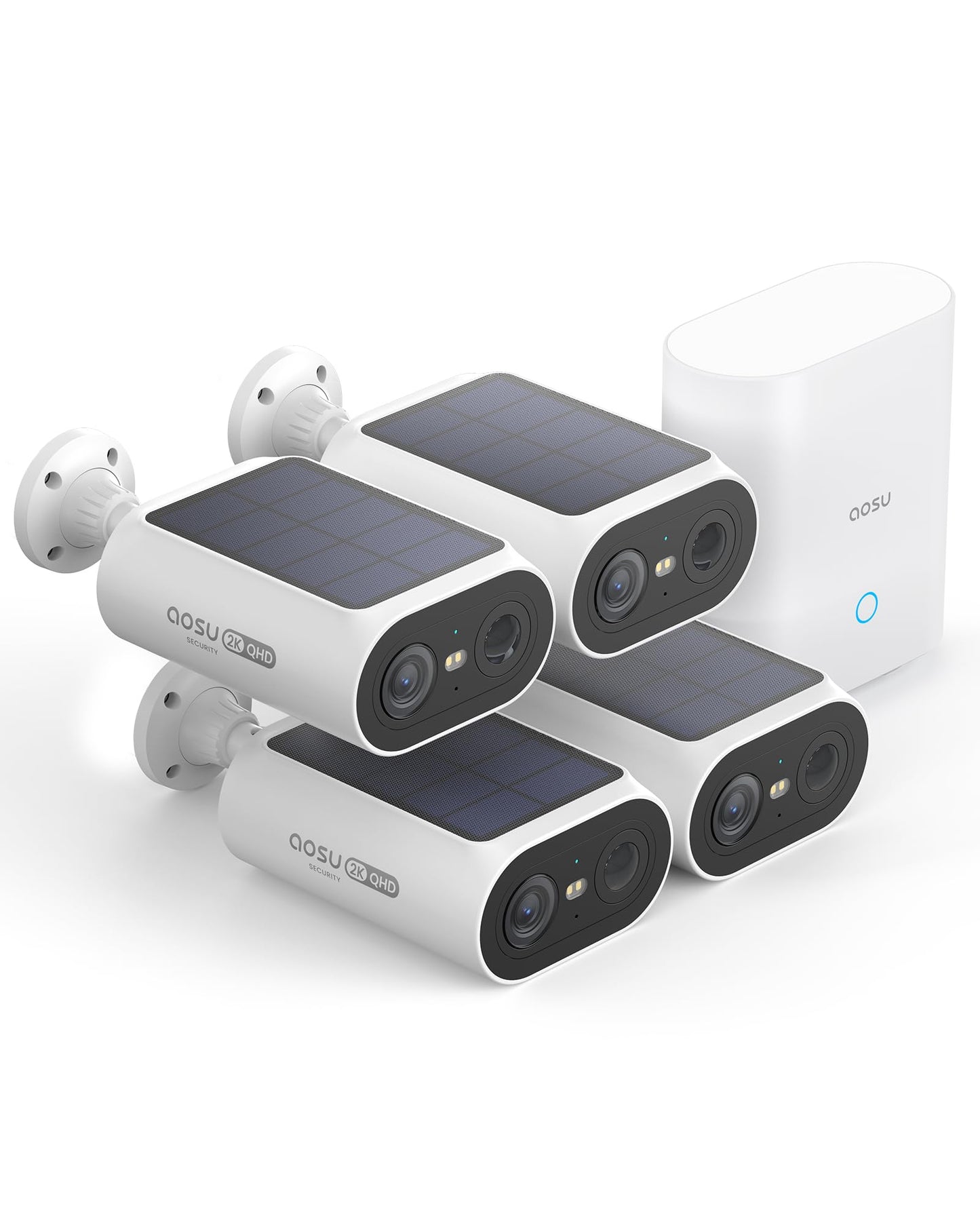 AOSU 2K Solar Kamera Set – 4 Cams mit Akku & Station, 0 Gebühr, 32 GB Speicher, AI-Erkennung, Licht-/Tonalarm, 2-Wege-Audio, IP65