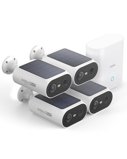 AOSU 2K Solar Kamera Set – 4 Cams mit Akku & Station, 0 Gebühr, 32 GB Speicher, AI-Erkennung, Licht-/Tonalarm, 2-Wege-Audio, IP65