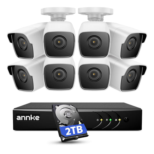 ANNKE 5MP Kamera Set – 8× Innenkameras, 3K Lite 8CH DVR mit 2TB, Personen-/Fahrzeugerkennung, IP67, 30 m EXIR Nachtsicht, Fernzugriff