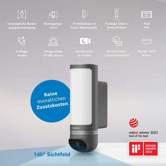Bosch Smart Home Außenkamera II – 1080p, Sirene & Design-Leuchte, Alexa-kompatibel, wetterfest, anthrazit (Amazon exklusiv)