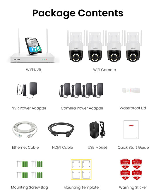 ZOSI 4K WiFi 6 Kamera Set – 4× 360° WLAN Kameras, 8MP NVR mit 1TB, Personen-/Fahrzeugerkennung, Farb-Nachtsicht, für Außen (C296B)