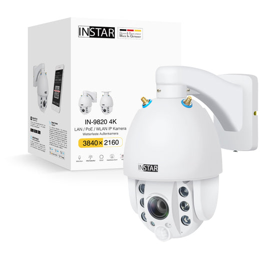 INSTAR IN-9820 4K Kamera – Außen, PTZ mit 5× Zoom, WLAN/LAN/PoE, HomeKit, Personenerkennung, Nachtsicht, 2-Wege-Audio, PIR, WPA3, Weiß