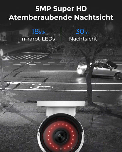 Reolink 5MP Kamera Set – 4× PoE Outdoor-Kameras, 8CH NVR mit 2TB, Personen-/Fahrzeugerkennung, IR-Nachtsicht, 24/7 Überwachung (RLK8-410B4-5MP)
