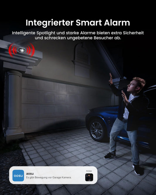 AOSU 2K Solar Kamera Set – 4 Cams mit Akku & Station, 0 Gebühr, 32 GB Speicher, AI-Erkennung, Licht-/Tonalarm, 2-Wege-Audio, IP65