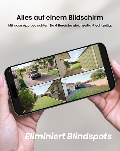AOSU 2K Solar Kamera Set – 4 Cams mit Akku & Station, 0 Gebühr, 32 GB Speicher, AI-Erkennung, Licht-/Tonalarm, 2-Wege-Audio, IP65