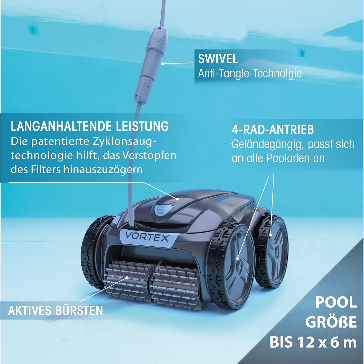 Automatischer Poolroboter Zodiac VORTEX 4WD. Bis zu 12x6 m, reinigt Boden, Wände und Wasserlinie. Fernbedienung und Lift System über App. Inklusive Swivel und Transportwagen. OV 5480 iQ