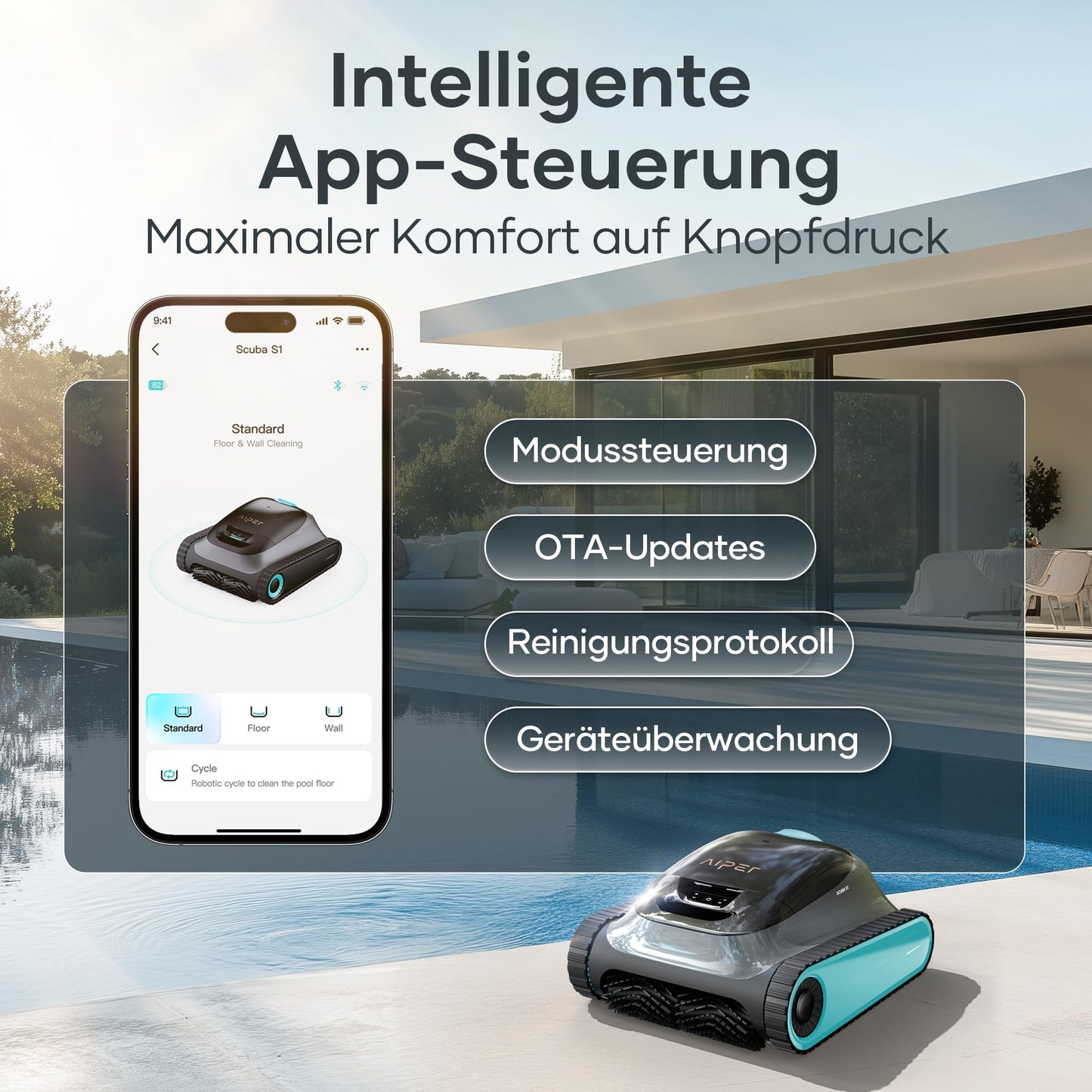 AIPER Scuba S1 Pool Robot Floor and Wall, Waterline Cleaning, 3μm Ultra Fine Filter, 180 Min. Battery Life, 15900LPH Powerful Pool Vacuum Cleaner with App, for Recessed Pools