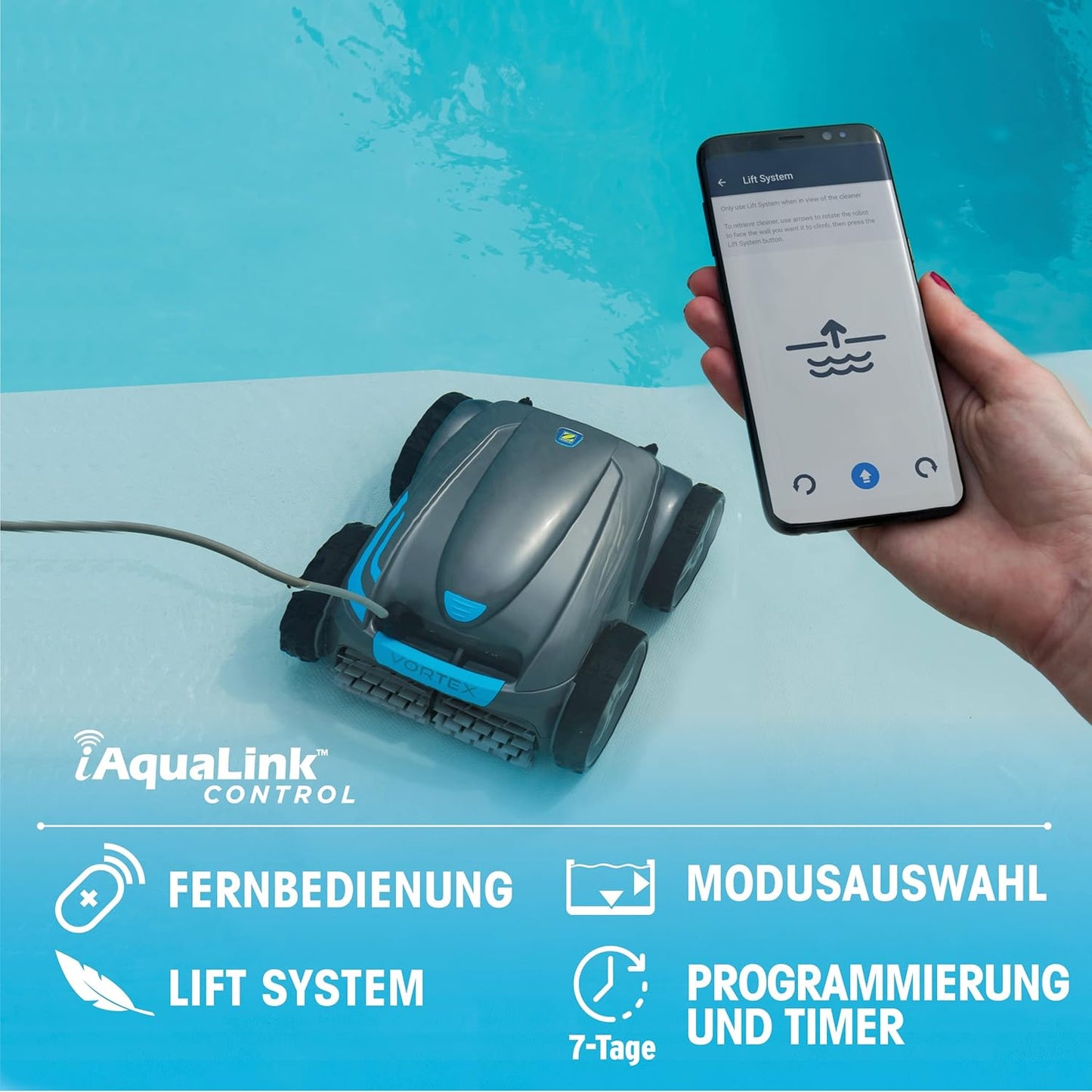 Automatischer Poolroboter Zodiac VORTEX 4WD. Bis zu 12x6 m, reinigt Boden, Wände und Wasserlinie. Fernbedienung und Lift System über App. Inklusive Swivel und Transportwagen. OV 5480 iQ