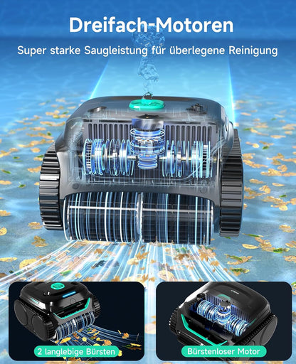 WYBOT C2 Poolroboter Akku Boden und Wand für Einbaupools bis 150㎡, Doppelfiltration, 3-Fach Motor, Starke Saugkraft, Wandkletter & Wasserlinie, 180 Min, App(Grau-Grün Grau)