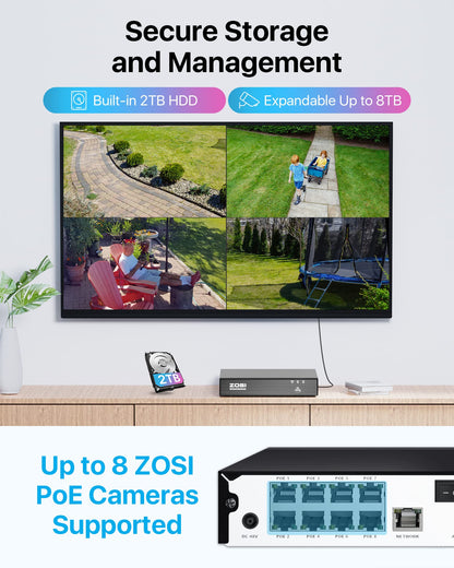 ZOSI 5MP PoE Kamera Set – 4× PTZ Dome (355°/140°), 8CH 4K NVR mit 2TB, 2-Wege-Audio, Licht- & Tonalarm, für Außenbereich